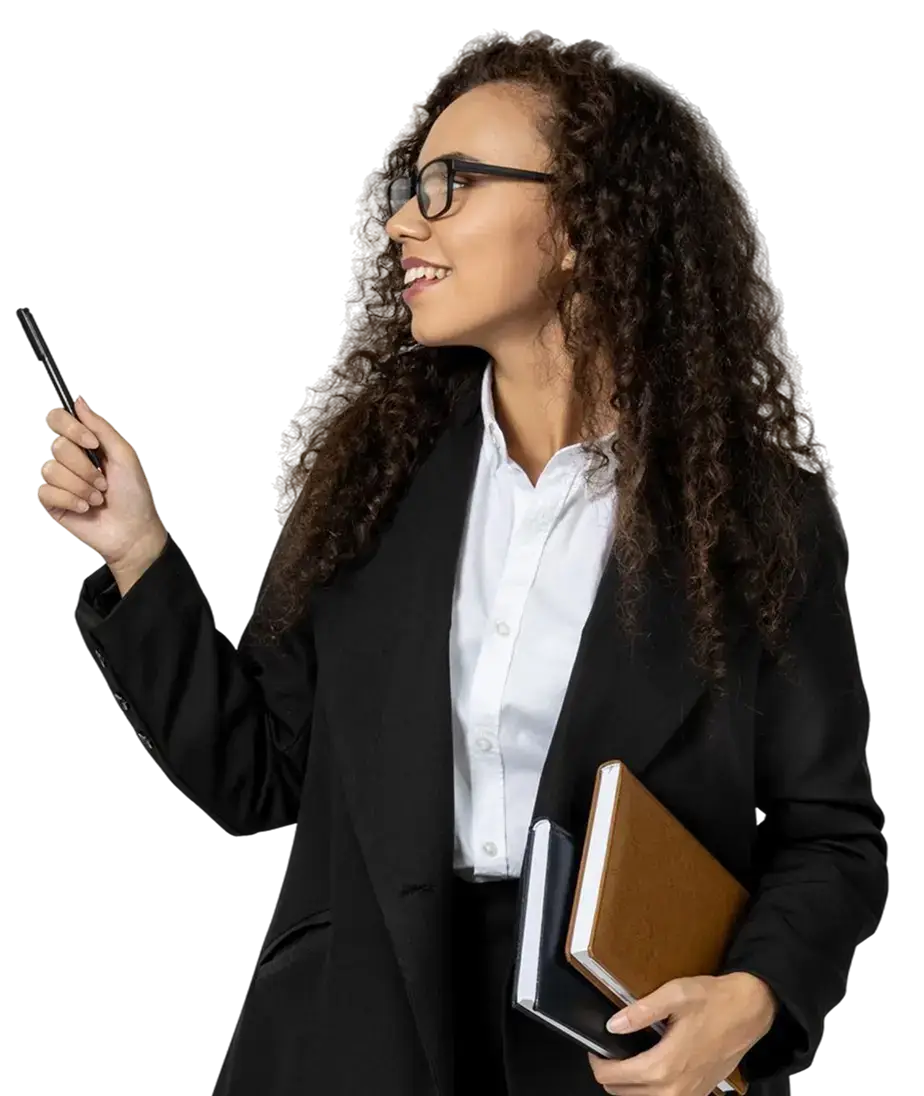 Chica traje negro con cuadernos 1