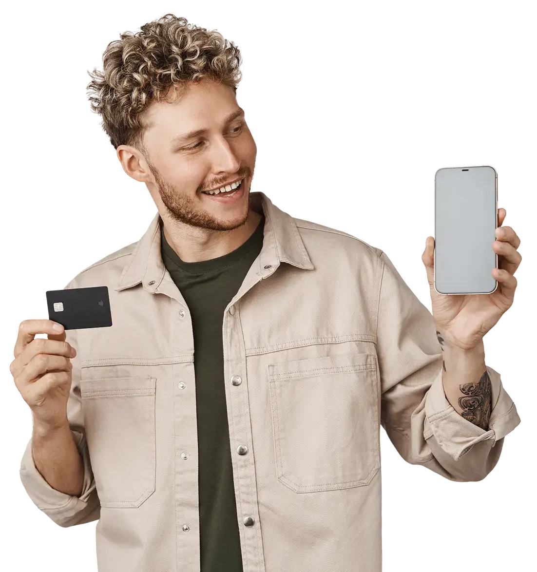 Hombre feliz con tarjeta y móvil 1