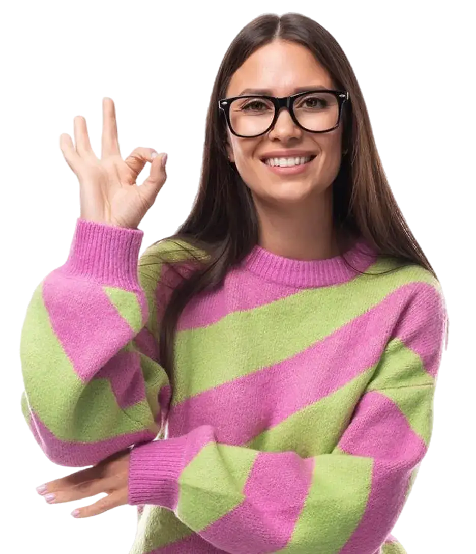 Retrato mujer joven en suéter rosa verde 1